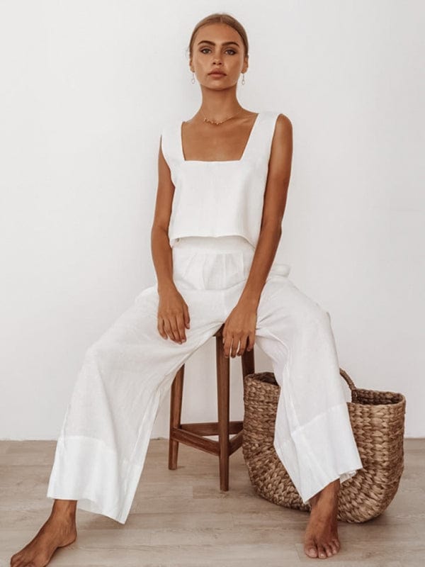 Loose Wide Leg Pant and Square Collar Set White / S