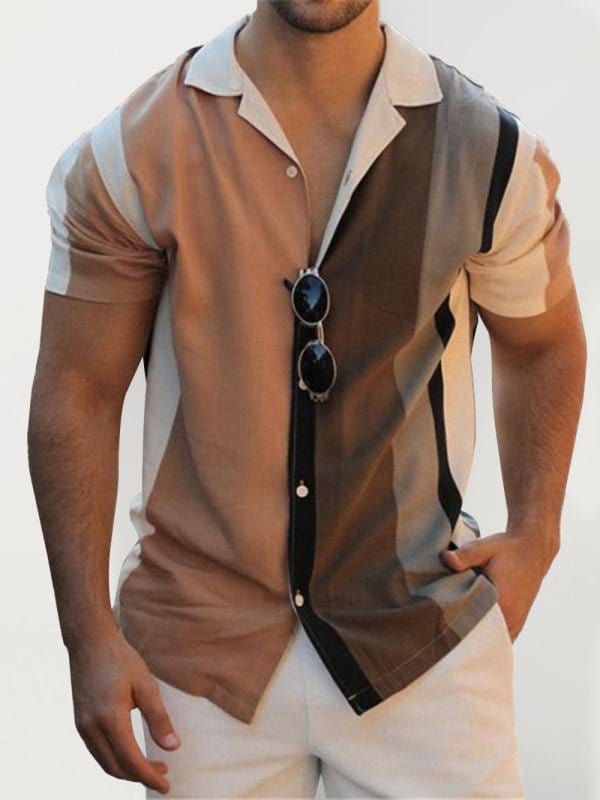 Men's Color Block Short Sleeve Button-Up Shirt Brown / S