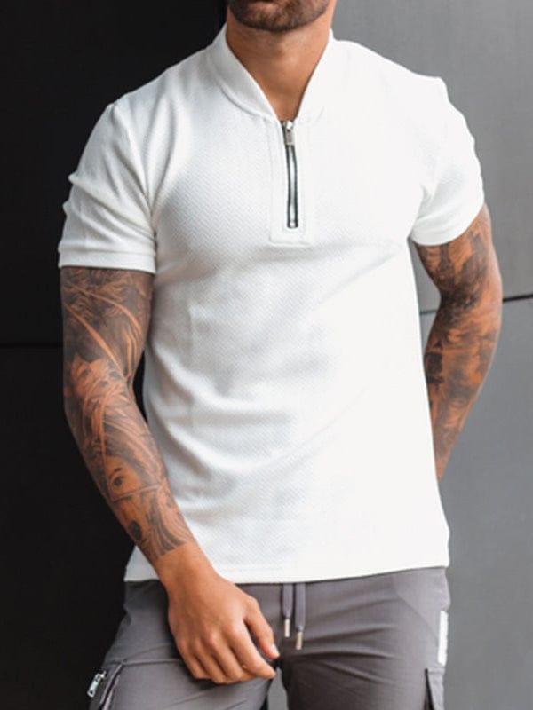 Men's Solid Color Zipper Short Sleeve Shirt