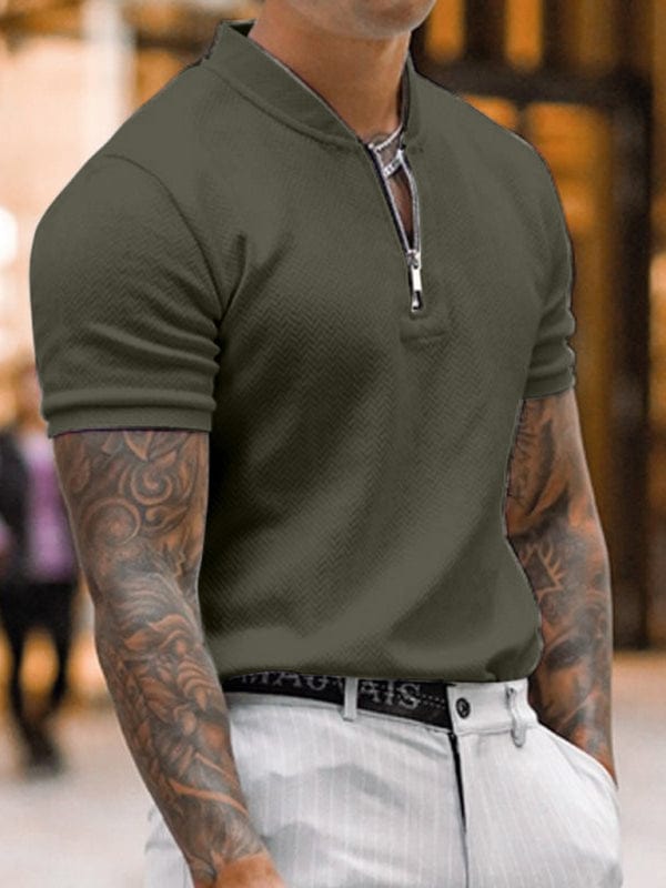 Men's Solid Color Zipper Short Sleeve Shirt