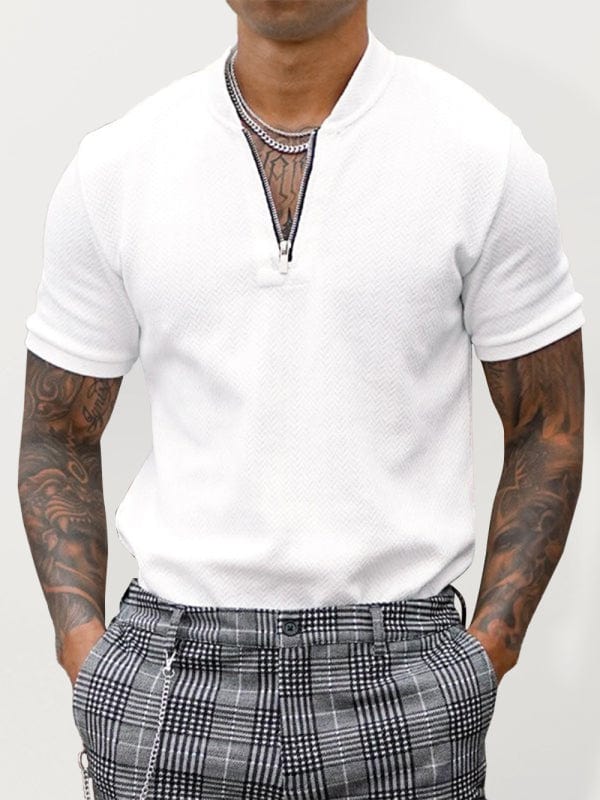 Men's Solid Color Zipper Short Sleeve Shirt White / S