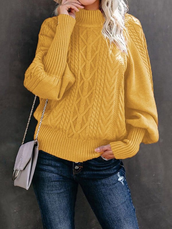 Mid Collar Loose Long Sleeve Sweater Amber yellow / S