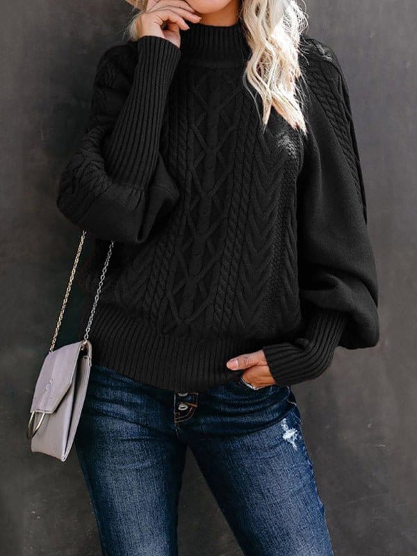 Mid Collar Loose Long Sleeve Sweater Black / S