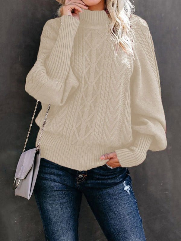 Mid Collar Loose Long Sleeve Sweater khaki / S