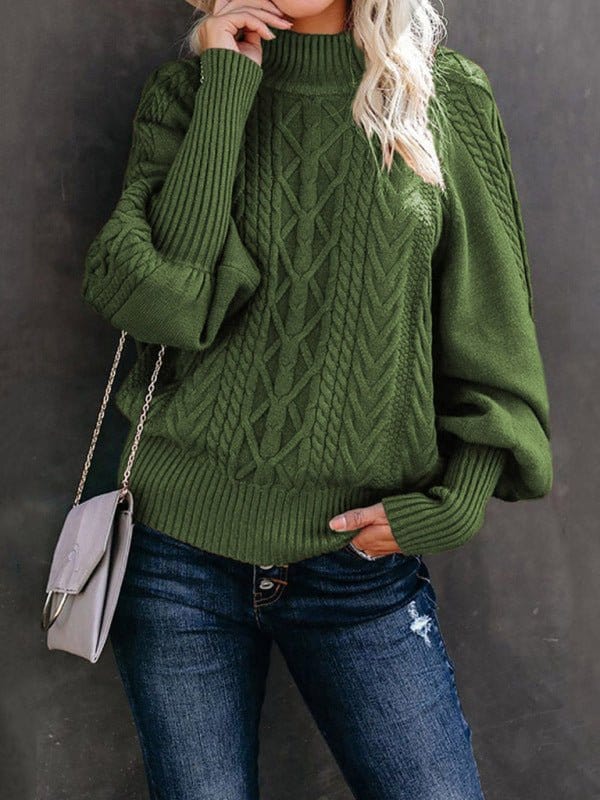 Mid Collar Loose Long Sleeve Sweater Olive green / S