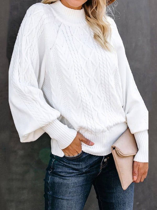 Mid Collar Loose Long Sleeve Sweater White / S