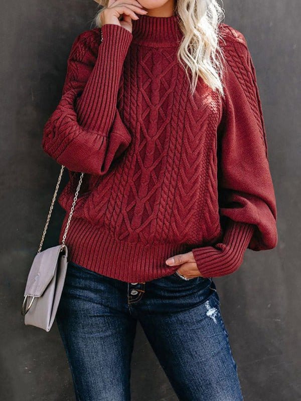 Mid Collar Loose Long Sleeve Sweater Wine Red / S