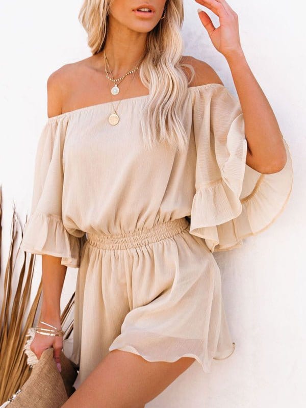 Off-the-Shoulder Chiffon Romper Cracker khaki / S