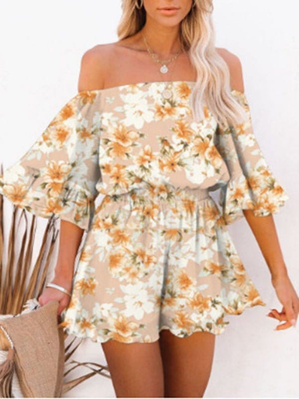 Off-the-Shoulder Chiffon Romper Earth  yellow / S