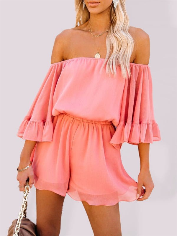 Off-the-Shoulder Chiffon Romper Orange Red / S