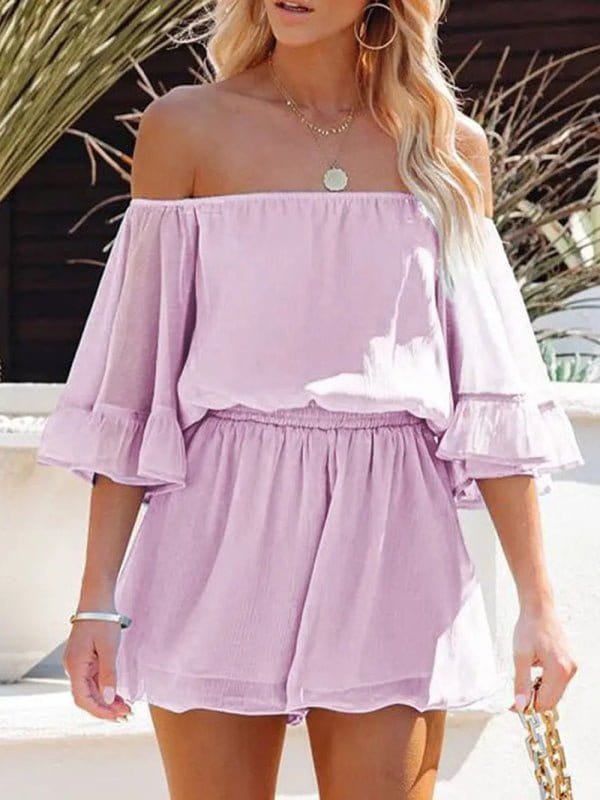 Off-the-Shoulder Chiffon Romper Purple / S