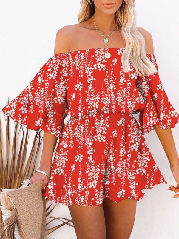 Off-the-Shoulder Chiffon Romper Red / S