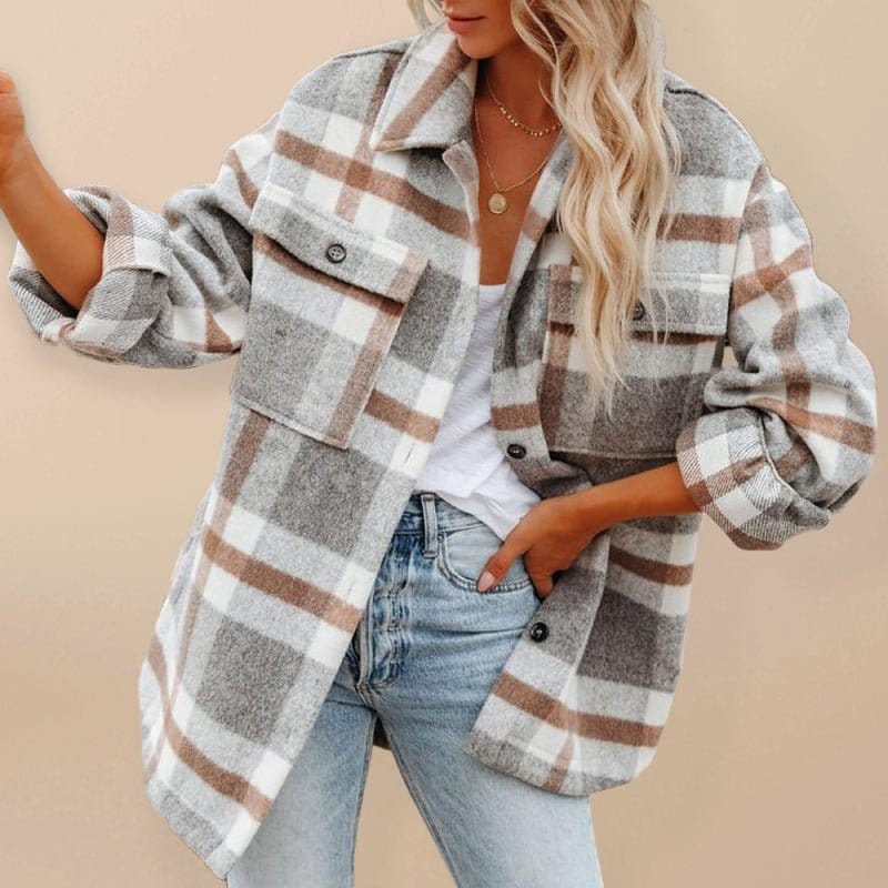 Plaid Double Pocket Jacket Khaki plaid / S