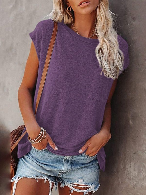 Pocket Off Shoulder Short Sleeve Tee Purple / S