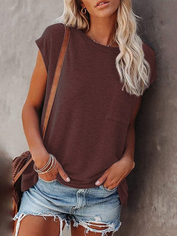 Pocket Off Shoulder Short Sleeve Tee Wine Red / S