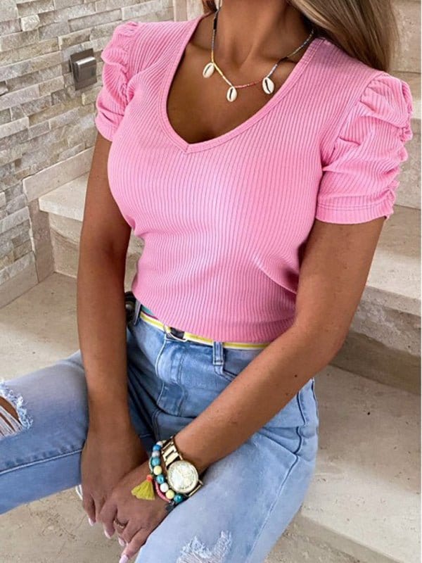 Puff Short Sleeve V-Neck Tee Pink / S