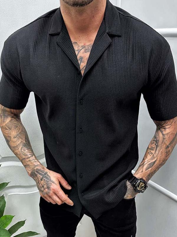 Ribbed Button-Up Short Sleeve Shirt