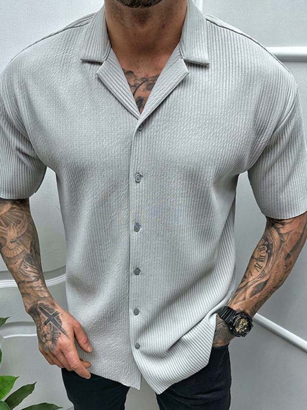 Ribbed Button-Up Short Sleeve Shirt