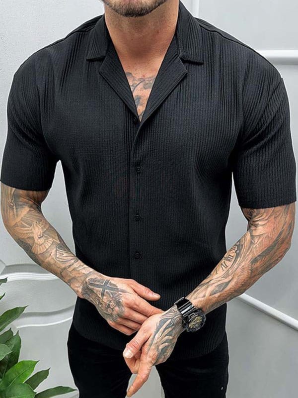 Ribbed Button-Up Short Sleeve Shirt Black / M