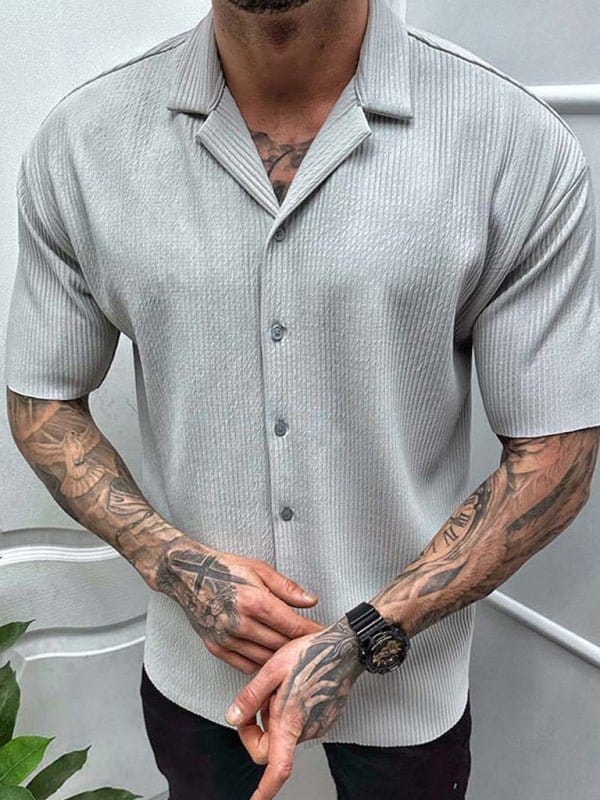 Ribbed Button-Up Short Sleeve Shirt Grey / M