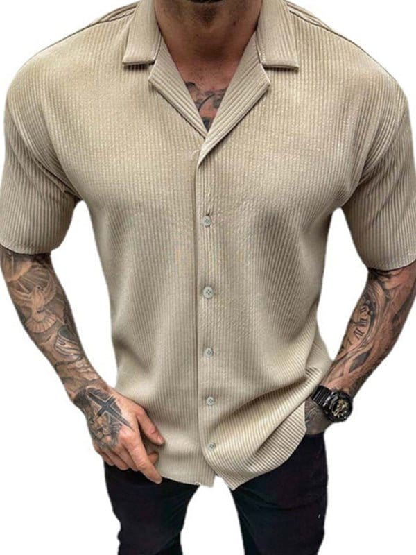 Ribbed Button-Up Short Sleeve Shirt Khaki / M