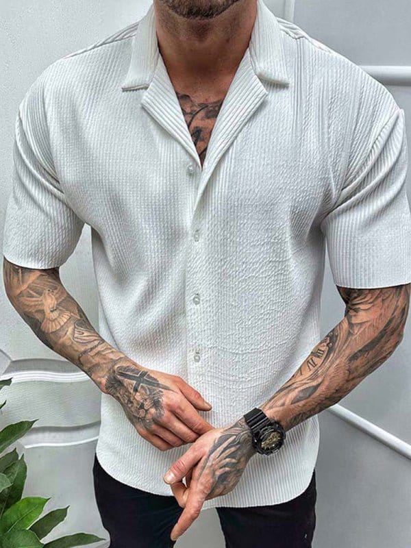 Ribbed Button-Up Short Sleeve Shirt White / M