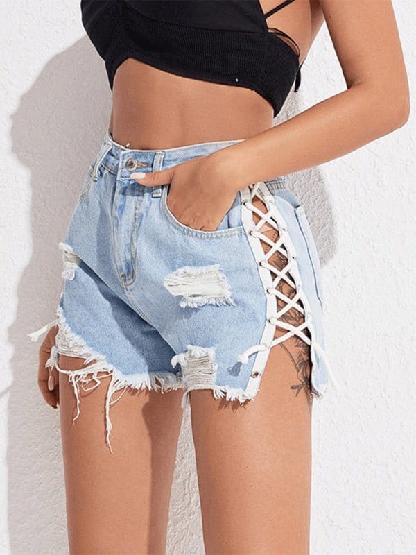 Ripped Lace-up Denim Shorts