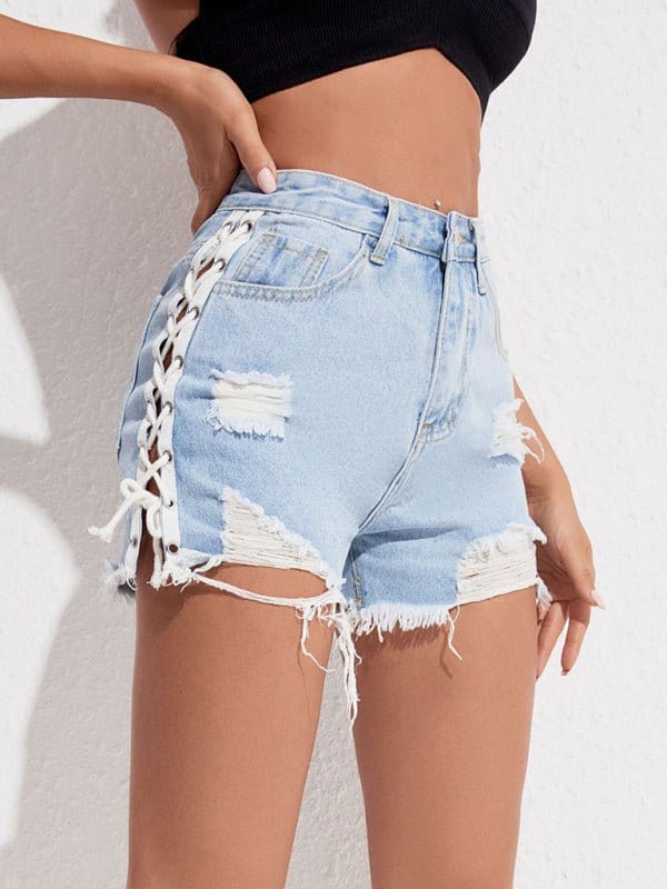 Ripped Lace-up Denim Shorts