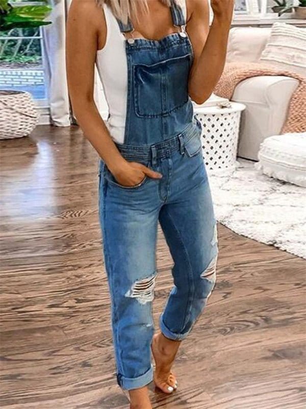 Ripped Slim Fit Denim Overalls Blue / S