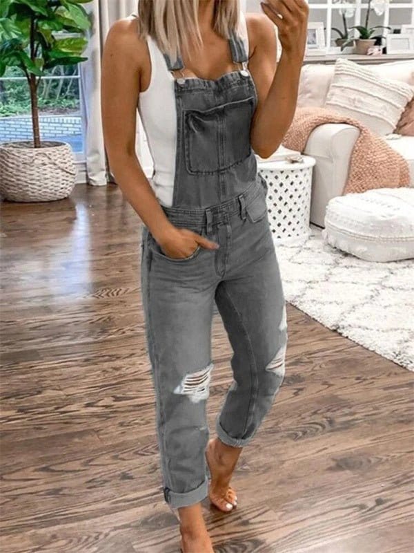 Ripped Slim Fit Denim Overalls Grey / S