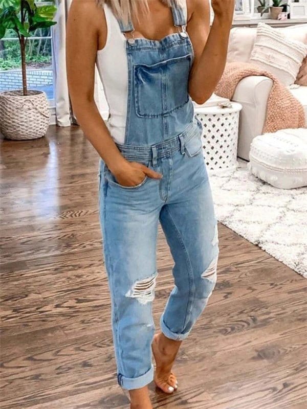 Ripped Slim Fit Denim Overalls Light Blue / S