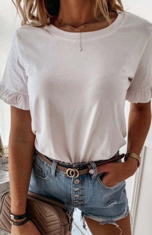 Ruffled Short Sleeve Crew Neck Tee White / S