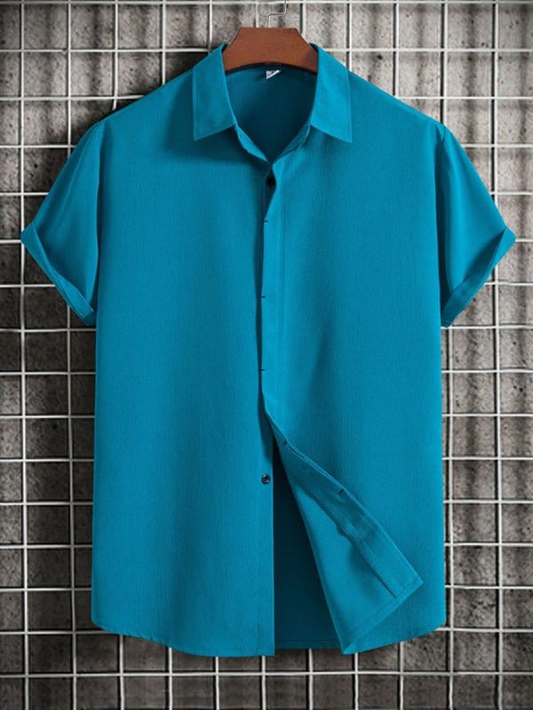 Short Sleeve Collared Flowy Shirt Blue / M