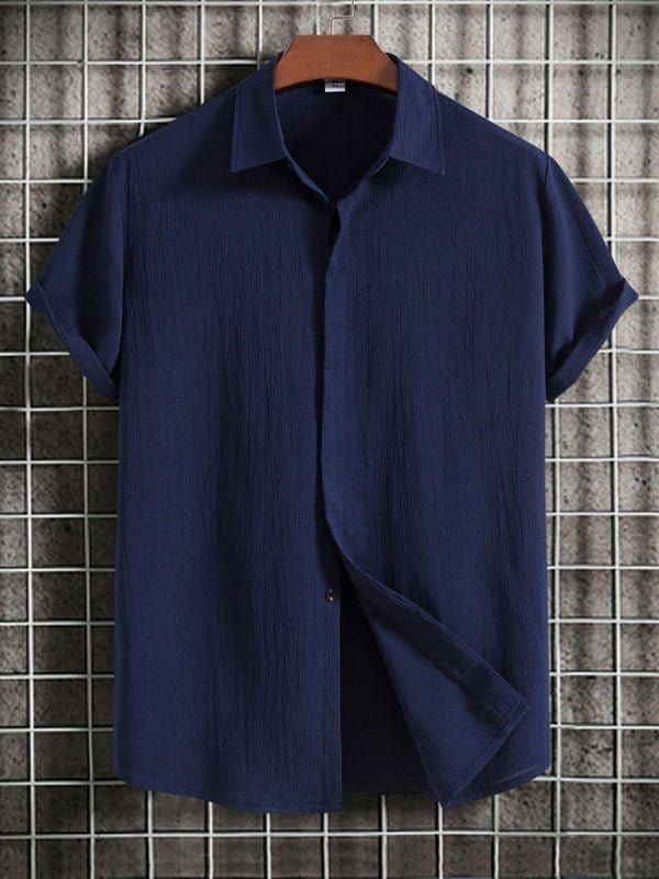 Short Sleeve Collared Flowy Shirt Navy Blue / M