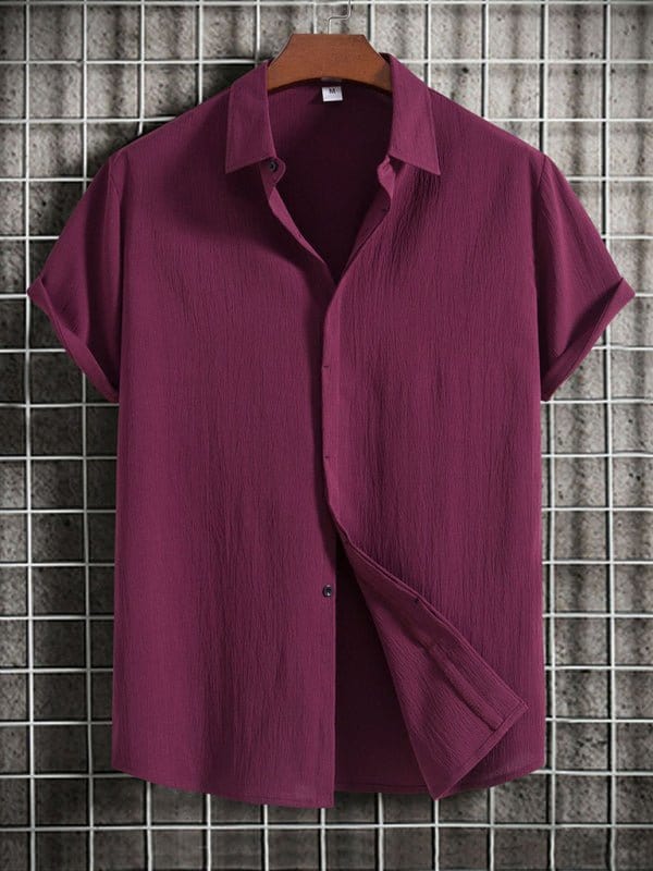 Short Sleeve Collared Flowy Shirt Wine Red / M