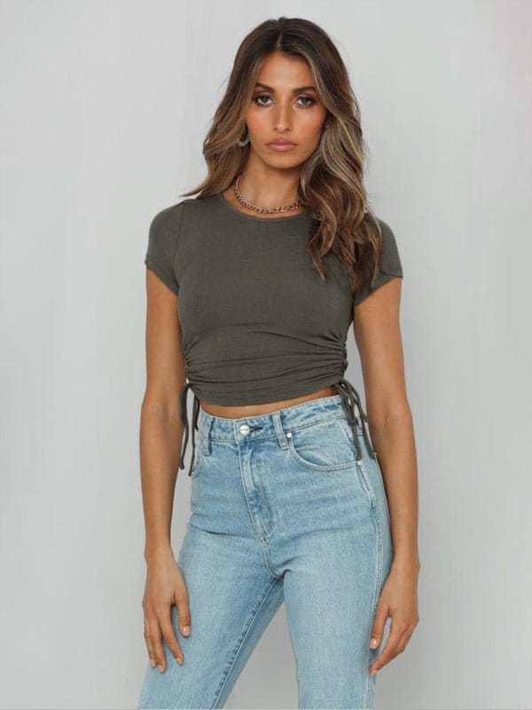 Side Tie Short Sleeve Crop Top Dark Grey / S