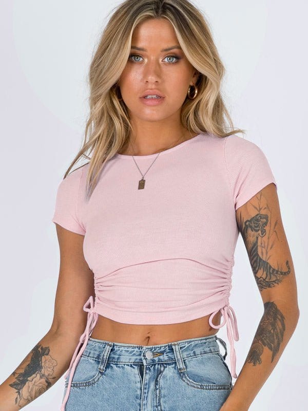 Side Tie Short Sleeve Crop Top Pink / S