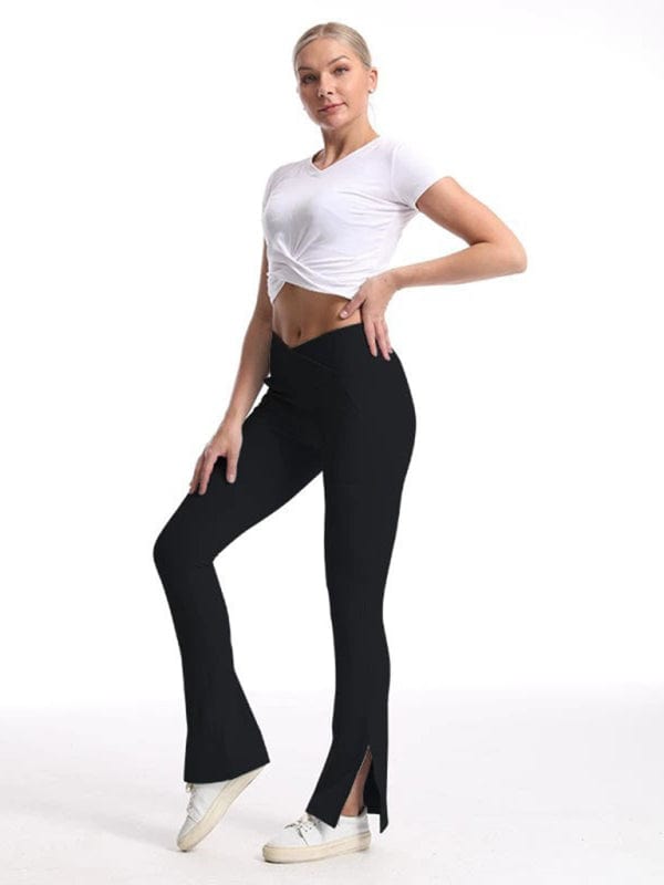 Slimming Crossover Waist Flared Leggings With Pockets Black / XS