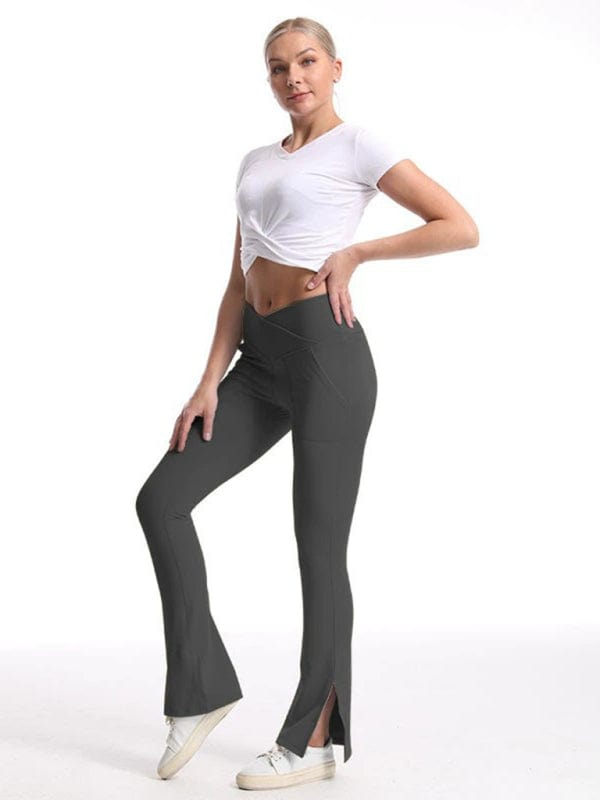 Slimming Crossover Waist Flared Leggings With Pockets Grey / XS