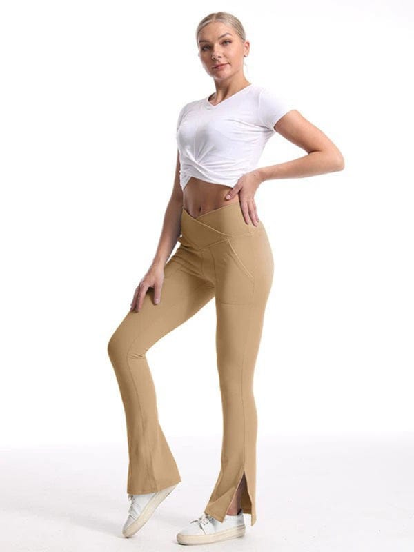 Slimming Crossover Waist Flared Leggings With Pockets Khaki / XS