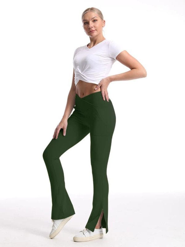 Slimming Crossover Waist Flared Leggings With Pockets Olive green / XS