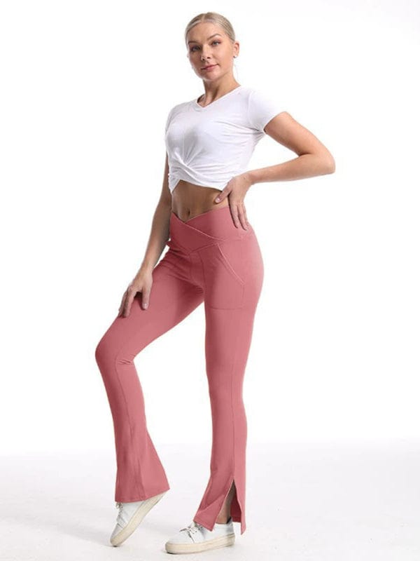 Slimming Crossover Waist Flared Leggings With Pockets Pink / XS