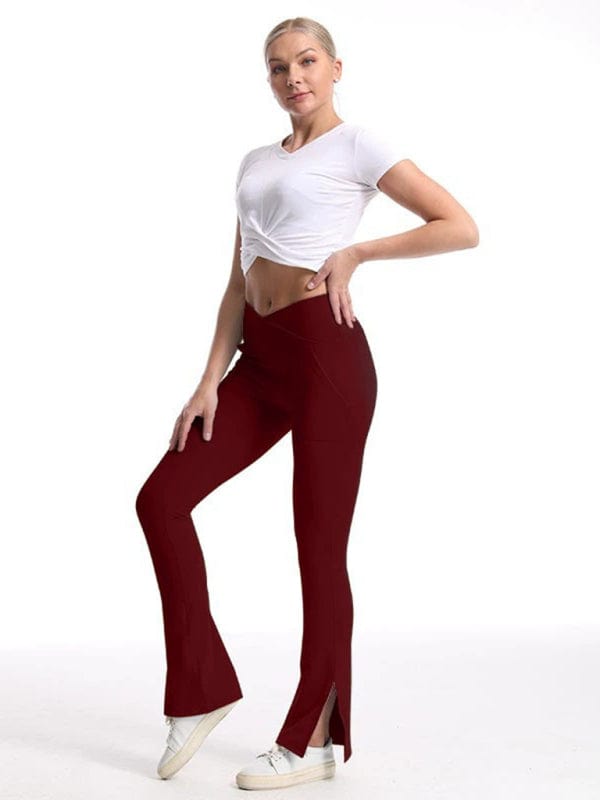 Slimming Crossover Waist Flared Leggings With Pockets Wine Red / XS