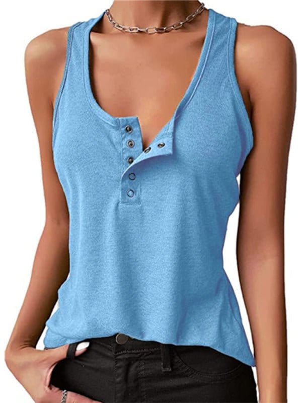 Snap Button Henley Tank Top Blue / S