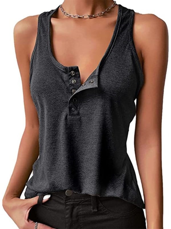 Snap Button Henley Tank Top Charcoal Grey / S