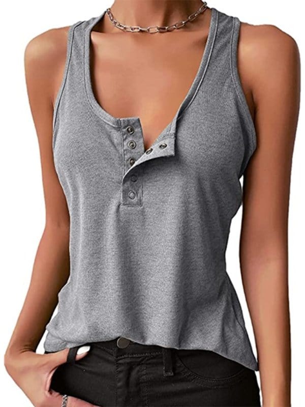 Snap Button Henley Tank Top Grey / S