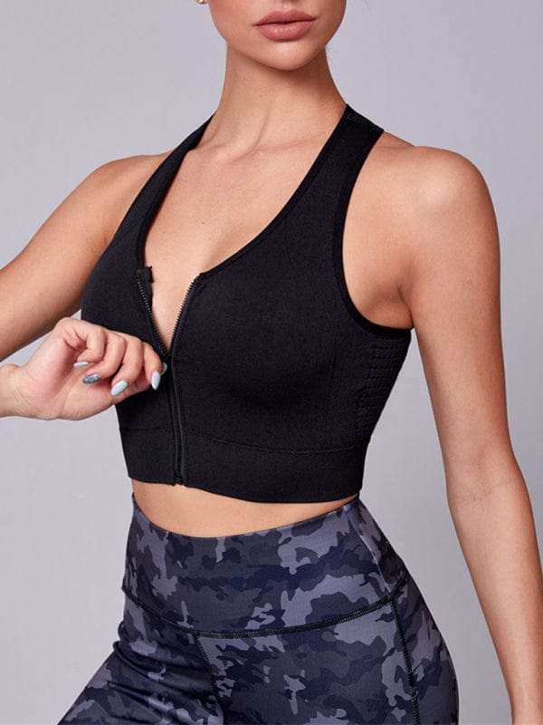 Solid Color Front Zipper Sports Bra