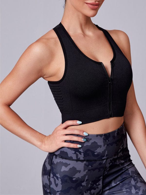 Solid Color Front Zipper Sports Bra