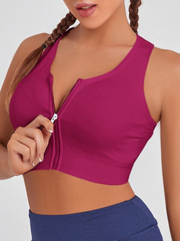 Solid Color Front Zipper Sports Bra Red / S