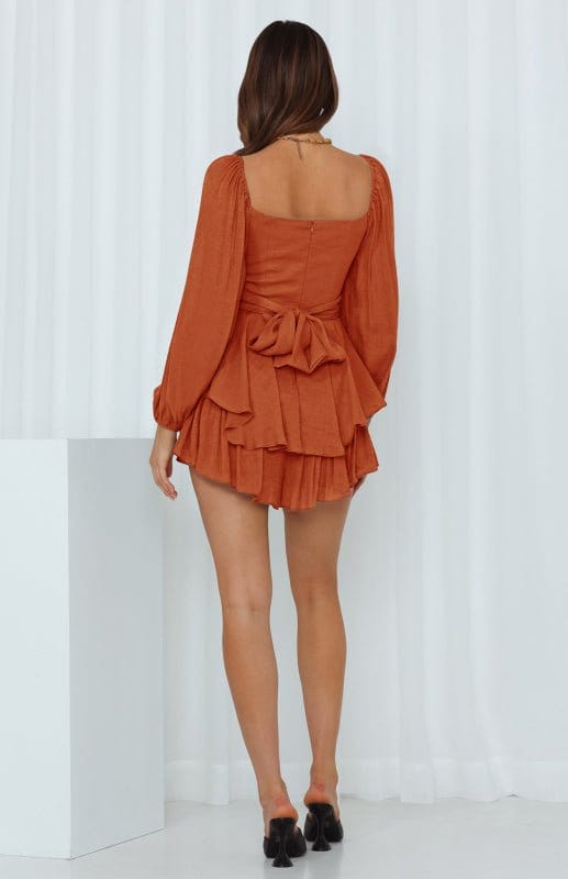 Square Neck Long Sleeve Ruffled Romper